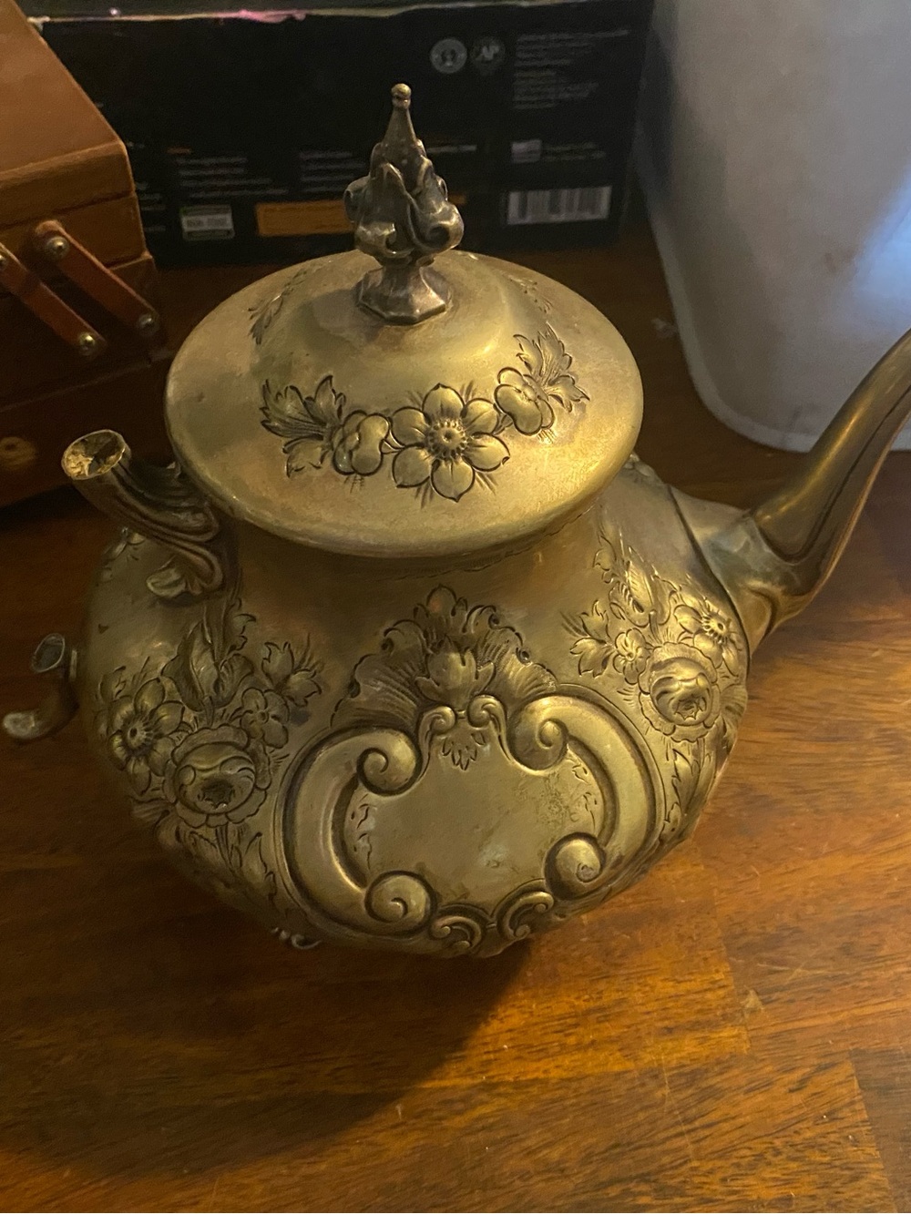 Ornate Brass Teapot with Floral Relief - silver plated Finish